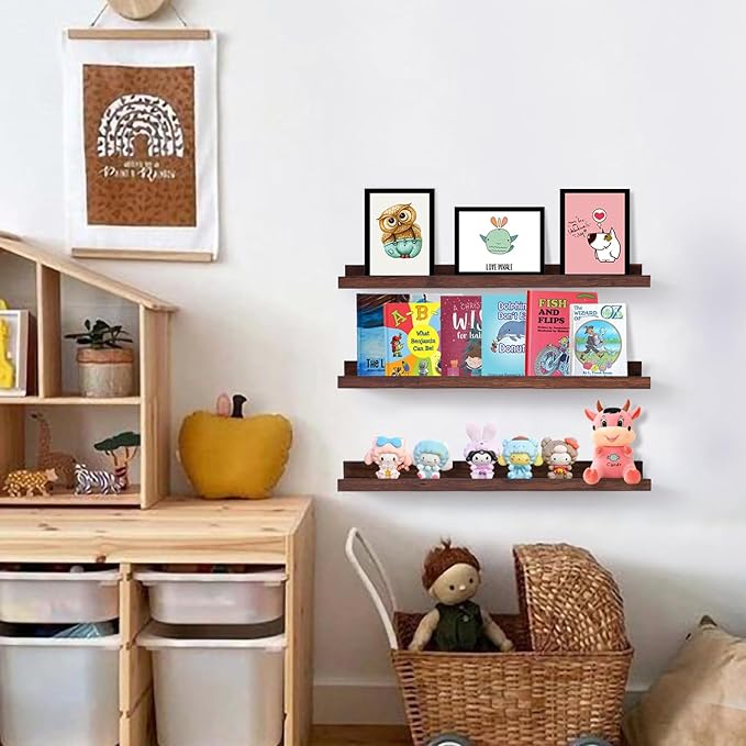 AZSKY Walnut Floating Shelves 24 Inch Picture Ledge Shelf for Wall Photo Shelves with Lip for Pictures Nursery Room Bookshelf Wood Wall Shelves Set of 3 for Bedroom Living Room Bathroom Kitchen-Ruum Studio Home