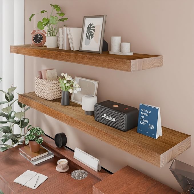 IAE Walnut Floating Wall Shelves 55 inch, Bathroom Shelves Wall Mounted,Invisible Shelves Floating Kitchen Shelves,Wooden Wall Shelves with Brackets for Living Room Wall Mounted,Easy Install,Set of 2-Ruum Studio Home