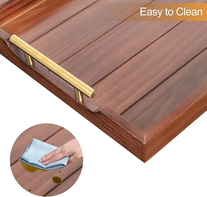 Coffee Table Tray - Large Ottoman Trays for Living Rooms - Wood Serving Tray with Handles(2 Sets) - Wooden Tray for Coffee Table, 4 Round Coasters Included, Dark Brown-Ruum Studio Home