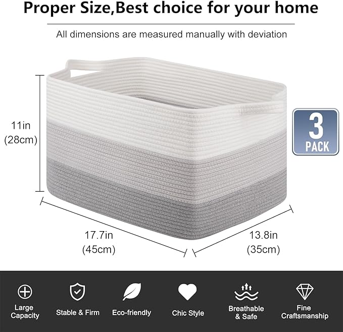 OIAHOMY Rectangle Woven Storage Basket - Nursery Cotton Rope Baskets for Storage, Toy Basket Organizing for Living Room, 17.7"x13.8"x11"- Pack of 3 - Gradient Gray-Ruum Studio Home