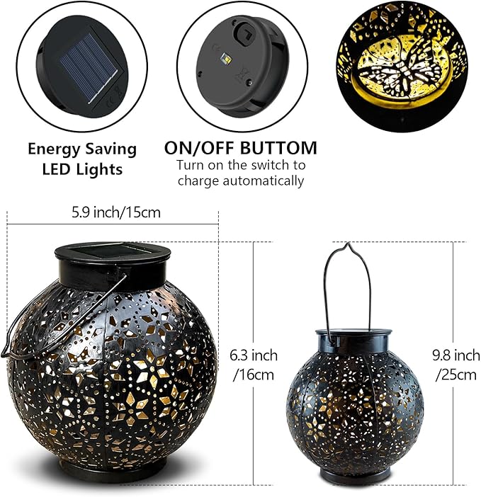 2 Pack Outdoor Solar Lantern Lights, Waterproof Tabletop LED Moroccan Lanterns, Hanging Metal Decorative Garden Lights for Patio, Lawn, Porch, Backyard-Ruum Studio Home