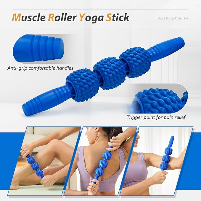 5 in1 Foam Roller Set, Trigger Point Foam Roller, Massage Roller Stick, Massage Ball, Resistance Band for Deep Muscle Massage Pilates Yoga,Fitness Exercise for Whole Body (Pure Blue)-Ruum Studio Home
