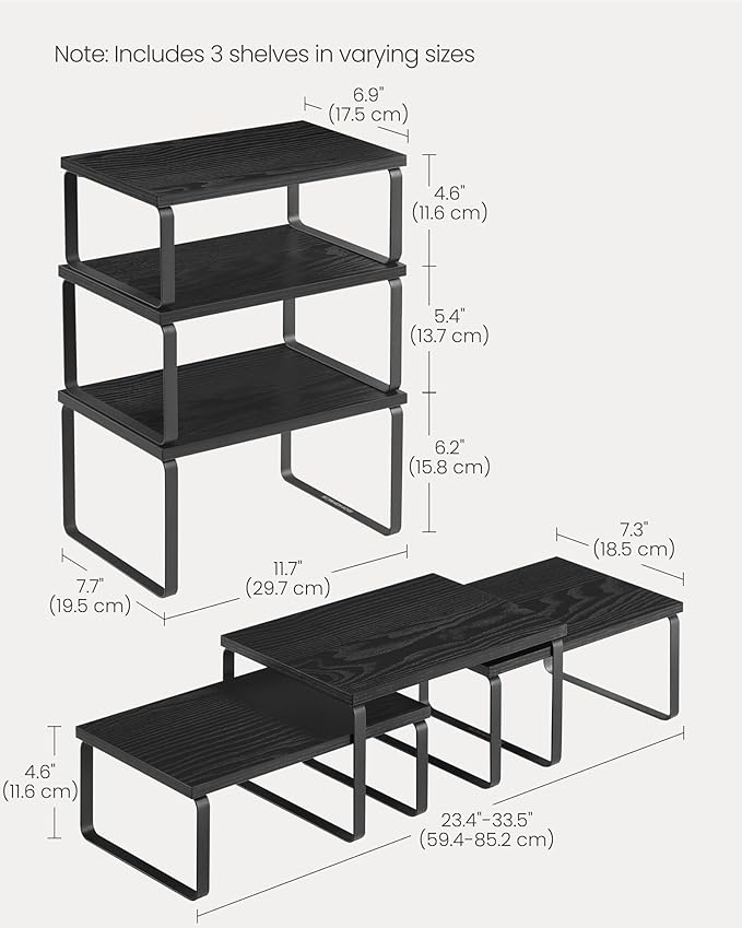 SONGMICS Cabinet Organizer Shelf, Set of 3 Kitchen Counter Shelves, Kitchen Storage, Spice Rack, Stackable, Expandable, Anthracite Gray and Matte Black UKCS220B01-Ruum Studio Home