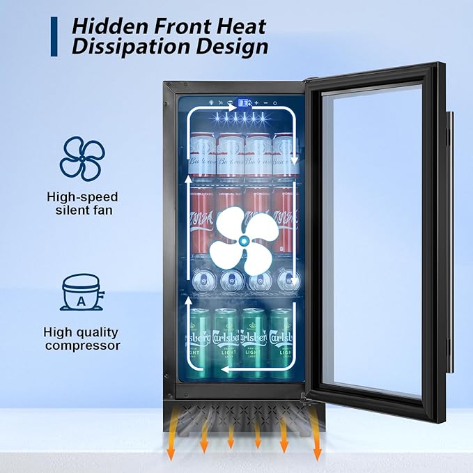 Tylza 15 Inch Beverage Refrigerator, Under Counter/Freestanding Drink Fridge, 130 Cans Beverage Cooler with Glass Door, Reversible Door, Low Noise, Quick Cooling - for Beer, Soda, ETC, Black-Ruum Studio Home