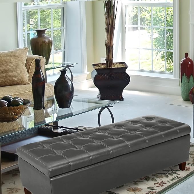 Joveco Storage Ottoman Bench, Tufted Leather 51 Inch Storage Bench for End of Bed Bedroom Living Room (51”, Dark Gray)-Ruum Studio Home