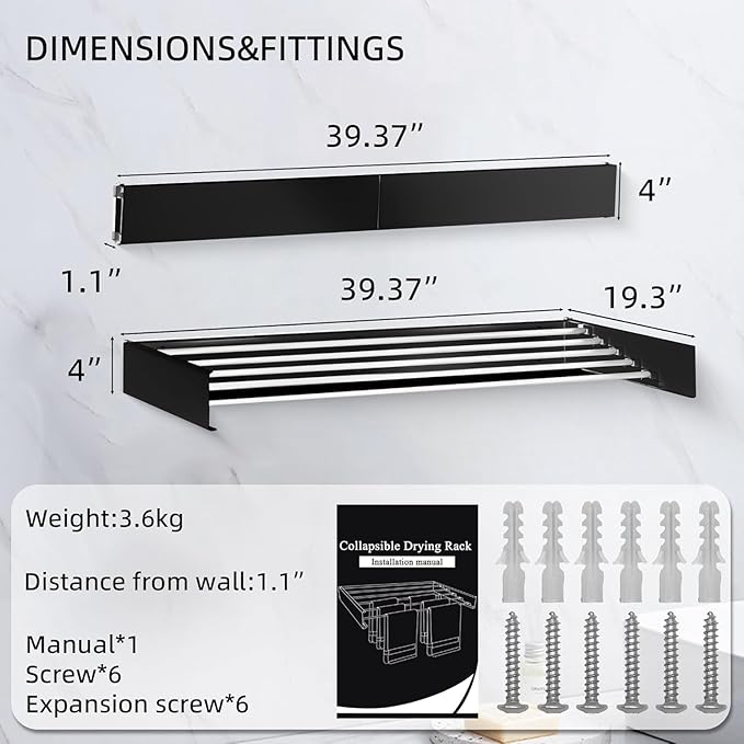 Laundry Drying Rack Collapsible, Wall Mounted Clothes Drying Rack. 39.37" Wide, 19.3 Linear Ft, 5 Aluminum Rods, with Wall Template, Screwdriver Bit (Black 1M)-Ruum Studio Home