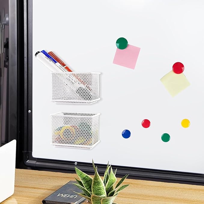 White Magnetic Basket, Magnetic Pencil Holder for whiteboard, Wire Mesh Magnetic Refrigerate Organizer, Magnetic shelf Desktop Storage, 3.42'' x 2.36'' x 2.55'',Set of 4-Ruum Studio Home