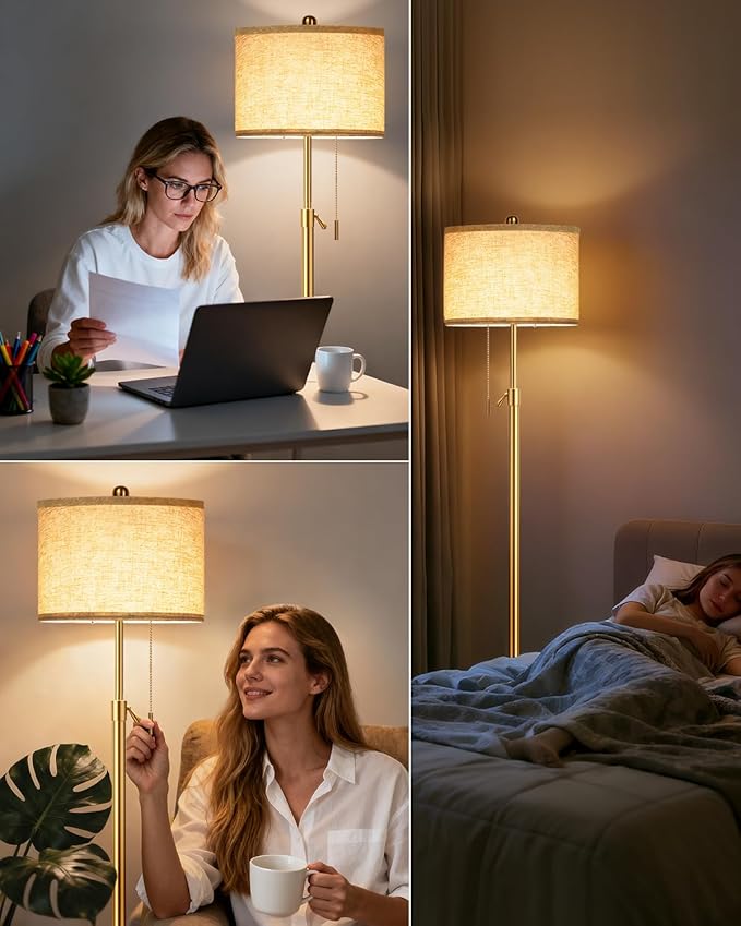 Modern Gold Floor Lamp for Living Room - Adjustable Height Standing Lamp with Marble Base & Linen Shade, 3-Way Dimmable Tall Floor Light for Bedroom, Reading, Bulb Included-Ruum Studio Home