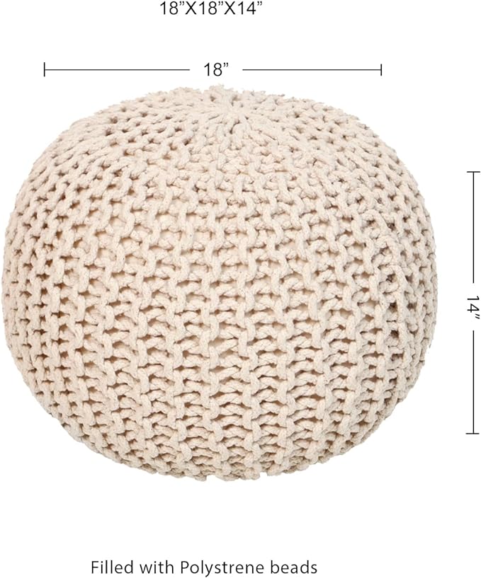 REDEARTH Round Pouf Ottoman - Cable Knitted Boho Poof - Home Décor Cord Pouffe Handmade Circular Footrest for Living Room - Bedroom - Kids Bedroom - 100% Cotton Pouf (18" x 18" x 14") - Ivory-Ruum Studio Home