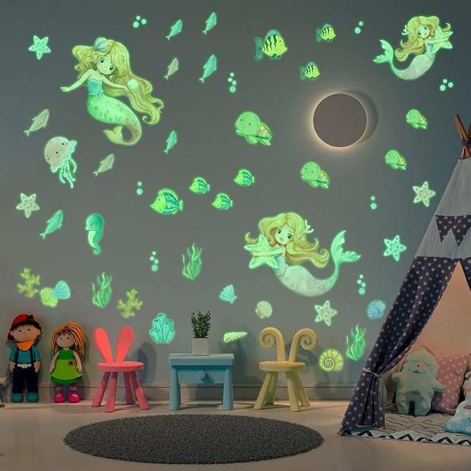 Glow in The Dark Stars Mermaid Wall Decals, Turtle Ocean Fish Stickers for Ceiling, DIY Wall Decor for Nursery Playroom Living Room, Birthday Christmas Gift-Ruum Studio Home
