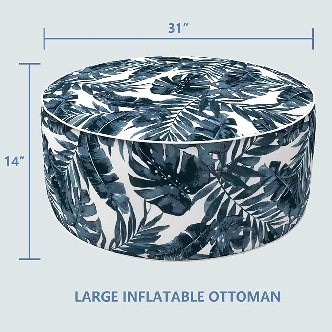 LVTXIII Outdoor/Indoor Inflatable Ottoman, 31"x31"x14" Patio Footrest Stool, Portable Round Pouf Ottoman for Patio Garden, Camping or Home Decoration, Palm Blue-Ruum Studio Home