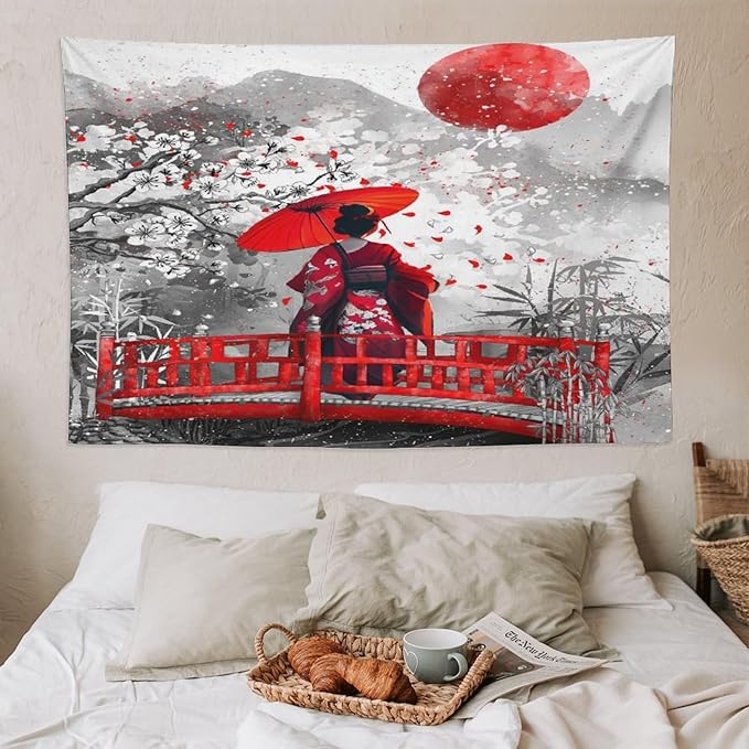 Japanese Red Geisha Tapestry Asian Cherry Blossom Red Sun Traditional Kimono Folk Tapestries Home Decor for Living Room Bedroom Apartment Farmhouse Dorm 90"x60"-Ruum Studio Home