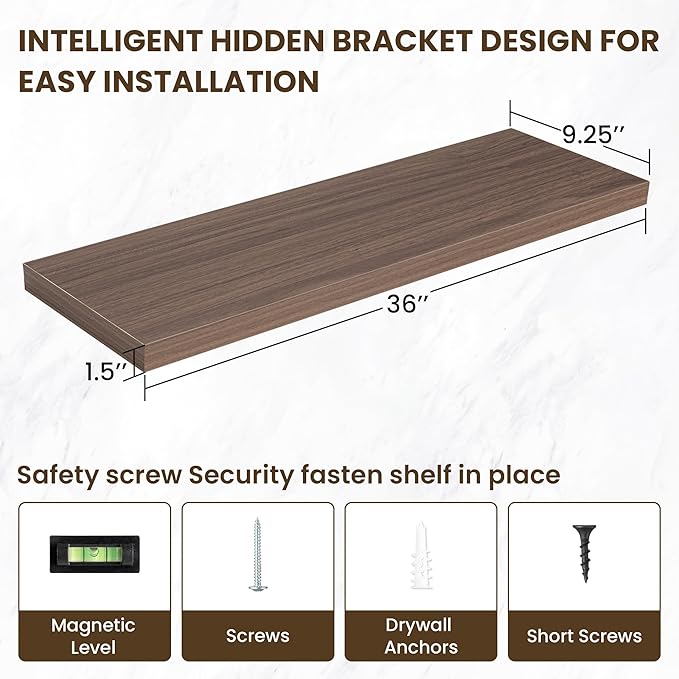 36 Inch Floating Shelves, 36"x9.25"x1.5" Inch Deep Floating Shelves for Wall, Wooden Shelves for Bathroom, Bedroom, Living Room, Walnut-Ruum Studio Home