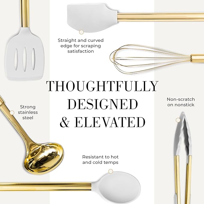 White Silicone and Gold Cooking Utensils Set with Gold Utensil Holder - 7-Piece Silicone Cooking Tools - Ideal for Nonstick Cookware and Stylish Modern Kitchens - Luxury Kitchen Accessories-Ruum Studio Home