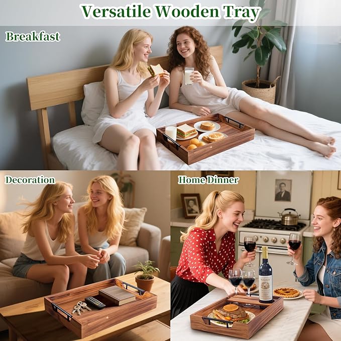 Wood Serving Tray with Handles, 17"x12" Rustic Wooden Trays with Removable Wine Glass Holder Decorative Ottoman Tray for Living Room, Coffee Table, Breakfast Food Trays in Bed-Ruum Studio Home