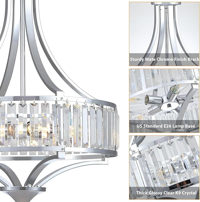 Modern Chrome Crystal Chandelier, 20 Inch Large Ceiling Pendant Light Fixture with 50'' Adjustable Hanging Chain, 5-Light Farmhouse Chandelier for Dining Room, Living Room, Bedroom, Entryway-Ruum Studio Home
