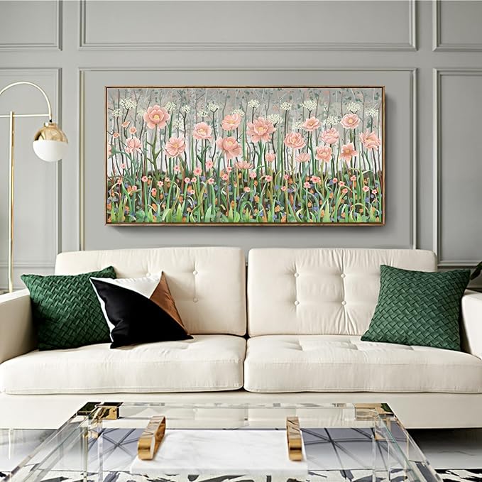 amatop Framed Large Floral Wall Art Modern Botanical Canvas Print Flower Field Wall Decor Abstract Landscape Picture Blooming Flower Forest Pink Green Artwork for Living Room Bedroom Office 48x24 in-Ruum Studio Home