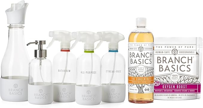 Branch Basics Premium Starter Kit in Glass: All Purpose Cleaner, Glass Cleaner, Bathroom Cleaner, Wash Bottle, and Laundry Bottle (3 Glass Spray Bottles + Concentrate) Fragrance-Free-Ruum Studio Home