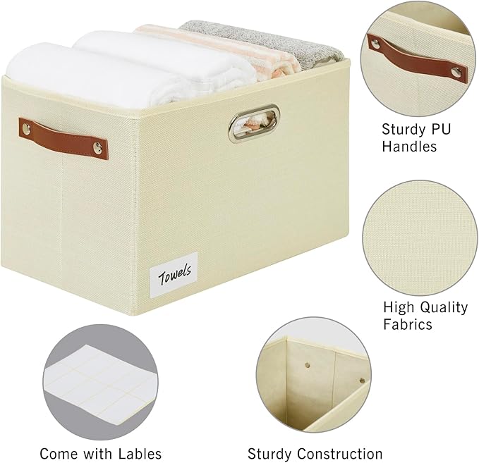 Large 3-Pack Foldable Fabric Storage Bins with Durable PU & Metal Handles , Collapsible Storage Baskets for Shelves, Home Storage, Closet Organizers, Living Room(14.9"x9.8"x9.8", Beige)-Ruum Studio Home