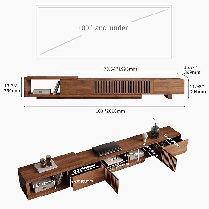 Mid Century Modern TV Stand for 75+ Inch TVs, Extendable Media Console (78"-103") with Ample Storage - Sleek Walnut Entertainment Center for Living Room-Ruum Studio Home