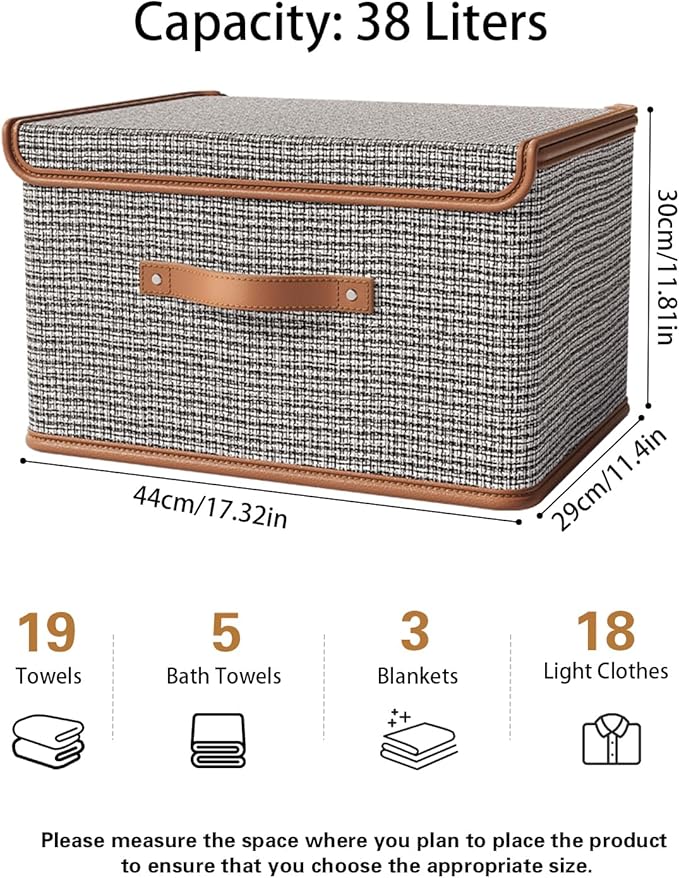 Tuza 2 Pack Storage Bins with Lids, Collapsible Closet Organizer Container, Fabric Organizer Box with Handles, Decorative Storage Boxes with Lids for Organizing Clothes, Books, Light Grey, Large-Ruum Studio Home