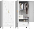 71'' Farmhouse Metal Wardrobe Cabinet with Hanging Rod, 2 Barn Door Wardrobe Closet with Adjustable Shelves,Drawer,for Dining Room,Bedroom,Living Room, Cloak Room,Office (White)-Ruum Studio Home