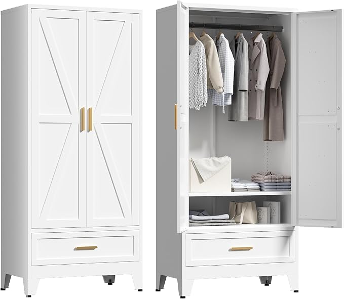 71'' Farmhouse Metal Wardrobe Cabinet with Hanging Rod, 2 Barn Door Wardrobe Closet with Adjustable Shelves,Drawer,for Dining Room,Bedroom,Living Room, Cloak Room,Office (White)-Ruum Studio Home