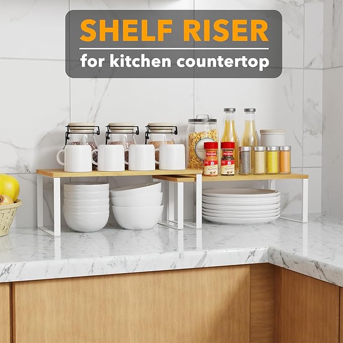 SpaceAid Cabinet Shelf Organizers 2 Pack, Kitchen Counter Rack Shelves Riser, Stackable Expandable Spice Rack, Pantry Cupboard Storage Organization (White and Natural, Long)-Ruum Studio Home