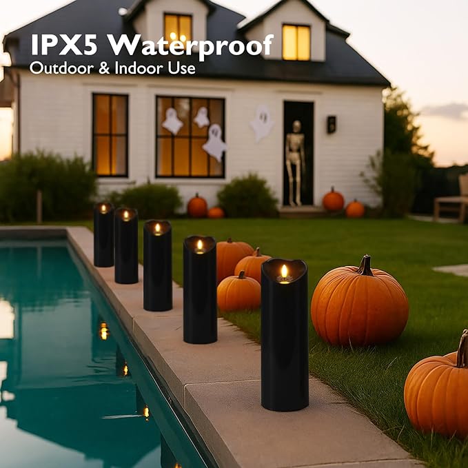 Homemory 4"x12" Black Flameless Candles, Halloween Candles, Outdoor Waterproof Flameless Candles with Remote and Timers, Gothic, Battery Operated LED Pillar Candles, Won't Melt Plastic, 2Pack-Ruum Studio Home