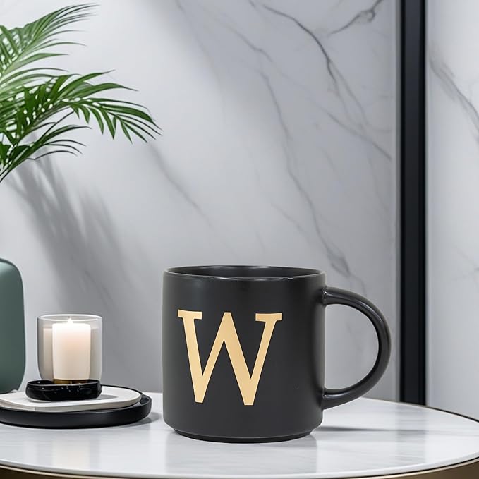 COLLECTIVE HOME - Monogram Ceramic Mugs, 15 oz Golden Initial Black Coffee Cups, Elegant Alphabet Tea Mugs, Elegant Personalized Mug with Gift Box, Unique Mug with Double Side Capital Lette (W)-Ruum Studio Home