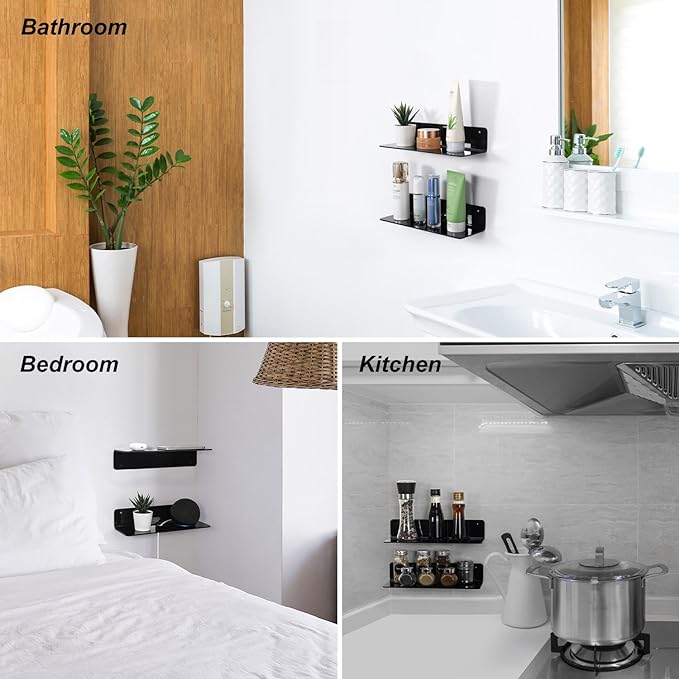 OAPRIRE Black Acrylic Floating Shelves Set of 2 - Damage Free Expand Wall Space - 12 Inch Wall Shelves with Strong Adhesive for Bathroom, Bedroom, etc-Ruum Studio Home