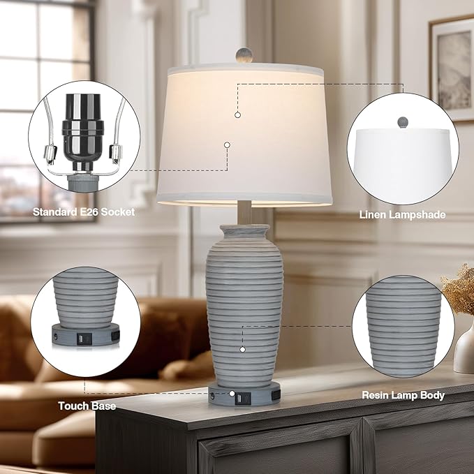 25" Farmhouse Jar Table Lamp Set of 2 Vintage Rustic Lamps for Living Room, Resin Bedside Nightstand Lamps with Linen Lampshades, Retro Pot Lamp for Living Room, Bedroom(LED Bulbs Included)-Ruum Studio Home