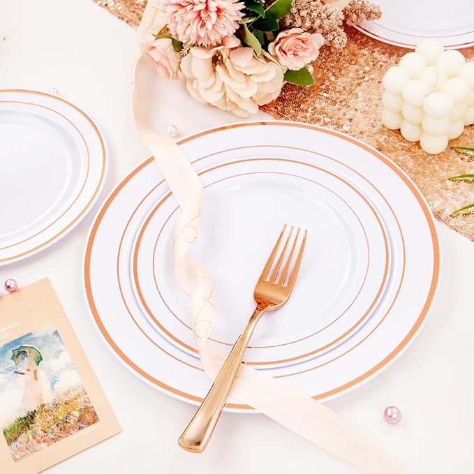 FLOWERCAT 60PCS Rose Gold Plastic Plates - Heavy Duty Rose Gold Plates Disposable for Party Wedding- Include 30PCS 10.25inch Dinner Plates and 30PCS 7.5inch Dessert Plates-Ruum Studio Home