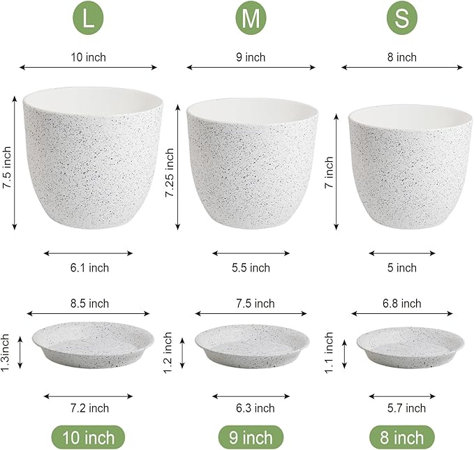 10/9/8 inch Medium Plant Pots, Set of 3 Modern Decorative Plastic Planters with Drainage Holes and Saucers for Garden House Plants, Flower Pots for Indoor Outdoor Plants, Speckled White-Ruum Studio Home