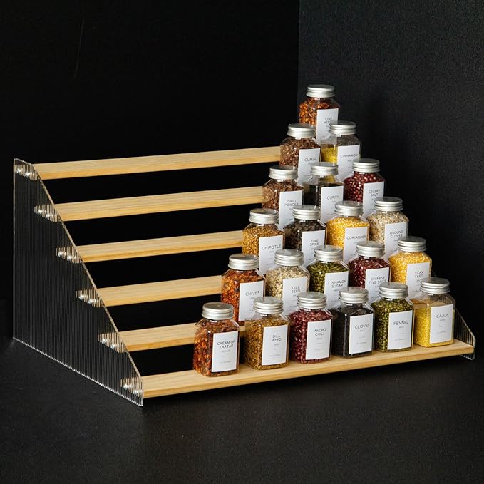 nianfeng Tiered Spice Rack, 6-Tier Spice Pantry Kitchen Cabinet Organizer, 19.9-Inch, Natural Wood Acrylic Stair Riser Stand, Countertop Seasoning Shelf-Ruum Studio Home