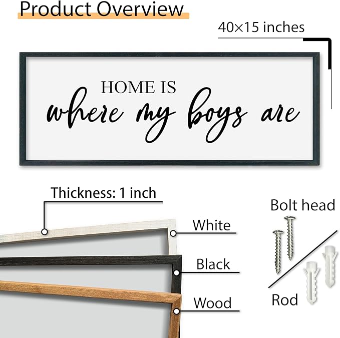 SRSZHIYUE Home Is Where My Boys Are Sign Wall Art Decor 40"×15" for Family Bedroom Large Wood Framed Wall Hanging (Black)-Ruum Studio Home