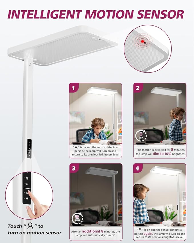 EMITEVER LED Floor Lamp, 100W Spectrum Eye Care Standing Lamp, 77'' Dimmable Motion Sensing & Daylight Sensing Reading Lamp for Study, Living Room, Conference, Office, 4000K Natural Daylight, White-Ruum Studio Home