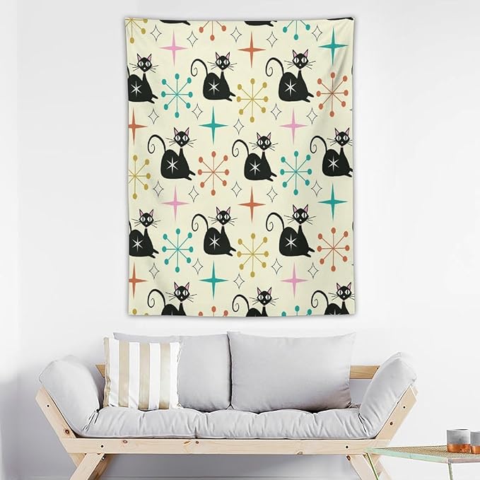 ICMOLYYENLO Abstract Cat Tapestry, Medieval Abstract Atomic Star Cat Vintage Home Wall Hanging Art Tapestry for Bedroom Living Room Dormitory 60x60 Inch-Ruum Studio Home
