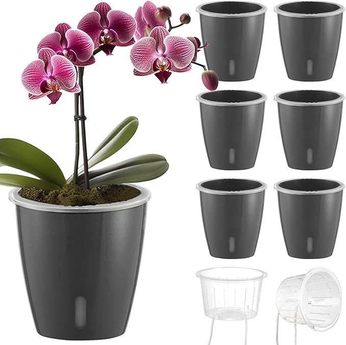 Self Watering Pots for Indoor Plants, 6-Pack 5'' Self Watering Planter with Drainage Holes, Small African Violet Pots with Water Indicator, Clear Wick Orchid Pot, Grey Gold-Ruum Studio Home