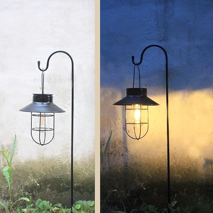 Solar Lantern 2pack Outdoor Hanging Light- Waterproof Vintage Metal Light with Shepherd Hook Decorative for Patio, Backyard, Porch, Yard (Black)-Ruum Studio Home
