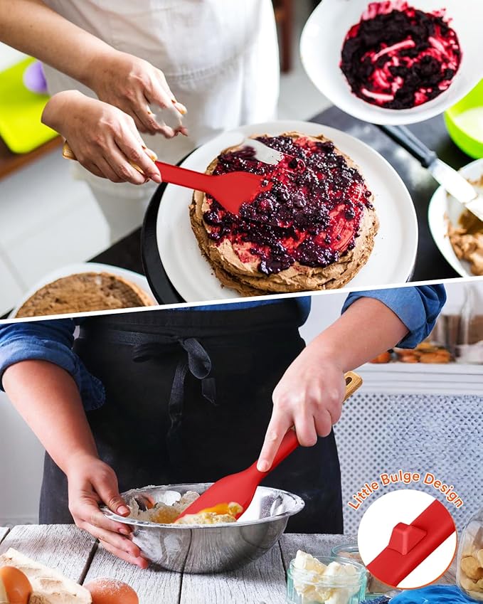 Cooking Spoon and Scraper for Nonstick Cookwares, Great for Cooking and Serving Durable BPA-Free Matte Silicone, Wood Handle Multifunction Spoon for Mixing, Scoop, and Scrape (RED)-Ruum Studio Home