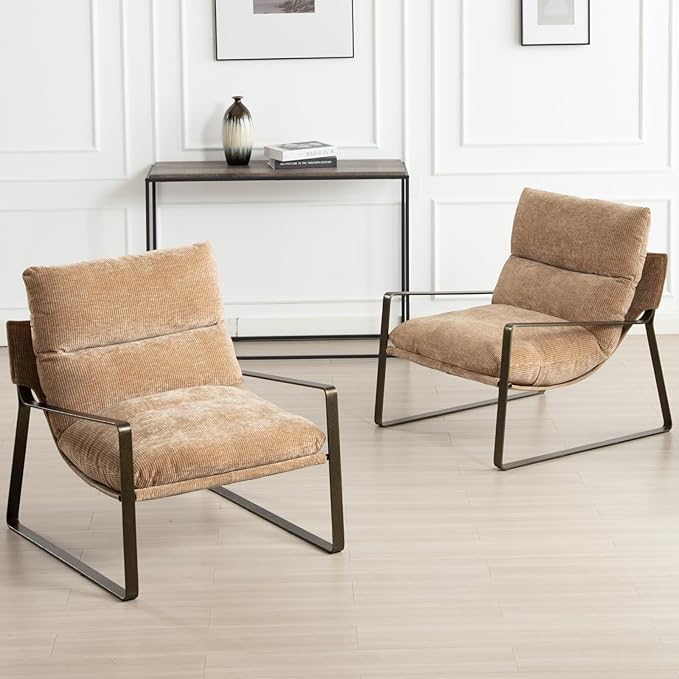 DUOMAY Mid-Century Accent Chairs Armchair Set of 2, Comfy Chenille Leisure Chairs Lazy Chairs with Brozen Metal Leg for Living Room Bedroom Office Apartment, Khaki-Ruum Studio Home
