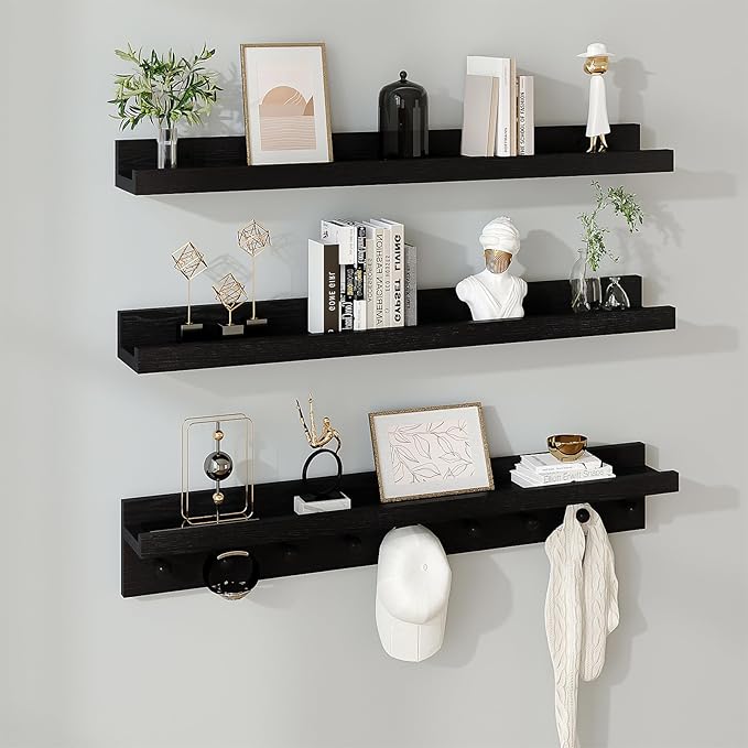 MBYD Floating Shelves for Wall, Nursery Floating Bookshelf for Kids Room, Black Wall Mount Book Shelves with Hooks for Living Room Bedroom Bathroom, 36 Inch Picture Ledge Kitchen Spice Rack Set of 3-Ruum Studio Home