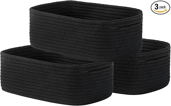 KALLAX Small Woven Basket, 12 x 8 x 4.5 Inches, Storage Basket for Organizing, Cute Small Rope Shelf Closet Cube Storage Bins Baskets for Shelves, Dog Toy Gift Baskets Empty, 3 Packs, Black-Ruum Studio Home