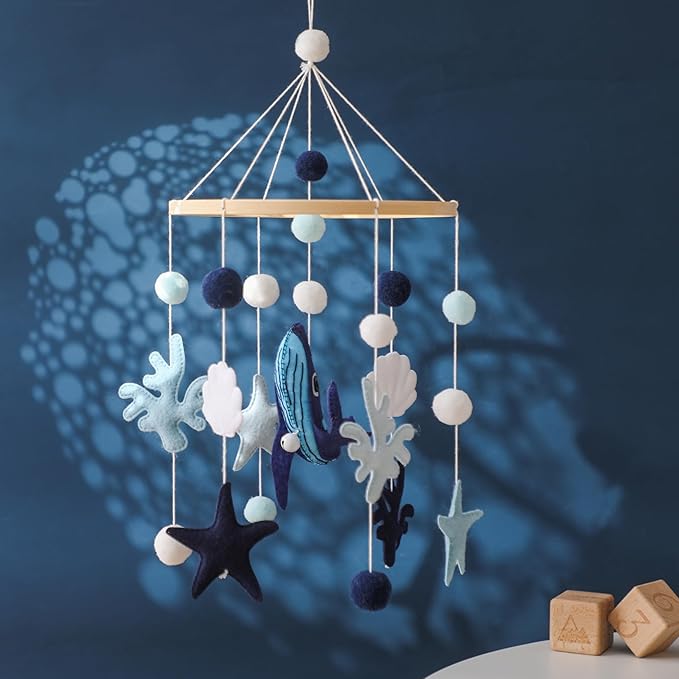 Baby Crib Mobile for Boys Girls - Ocean Animals Mobile for Crib, Gender Neutral Nursery Mobile, Baby Bassinet Mobile Toy for Soothing Sleep | Ceiling Mobile - Blue Whale, Shell, Coral, Starfish-Ruum Studio Home