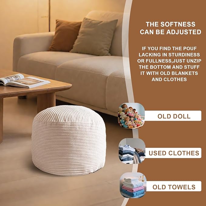 Round Stuffed Pouf Ottoman, Foot Stools Ottoman,Corduroy Poufs with Foam Chunk Filling, Furry and Fluffy Storage Ottomans, 20 X 15 Floor Poufs Foot Rest for Living Room-Ruum Studio Home
