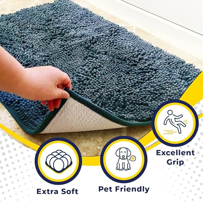 Muddy Mat® 4-Piece Atlantic Blue Medium 30"X19" AS-SEEN-ON-TV Highly Absorbent Microfiber Door Mat, Bath Mat and Pet Rug, Non Slip Thick Washable, Soft Chenille for Kitchen Bedroom Indoor and Outdoor-Ruum Studio Home