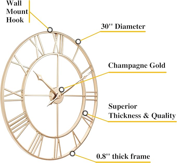 CLXEAST 30 Inch Wall Clock,Large Champagne Gold Metal Roman Numeral Wall Clock, Modern Wall Clocks for Living Room Decor,House Warming Gifts New Home-Ruum Studio Home
