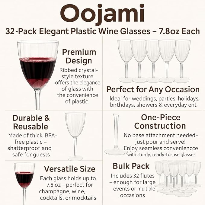 Oojami Elegant Plastic Champagne Flutes - 32 PCS, 7.8oz Disposable & Reusable Wine Glasses - Perfect for Home, Parties, Weddings, Birthdays & Celebrations (32, Clear)-Ruum Studio Home