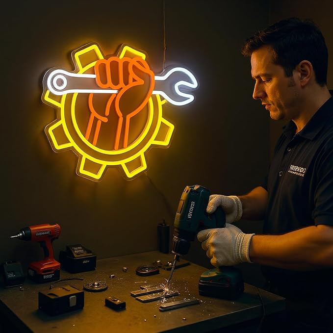 Wrench Neon Sign for Wall Decor – USB Powered LED Garage Sign with Dimmer, Car Room Accent Light, Auto Repair Workshop Wall Lamp, Man Cave Neon Decor, Gift for Dad or Car Enthusiast 13"x14.3"-Ruum Studio Home